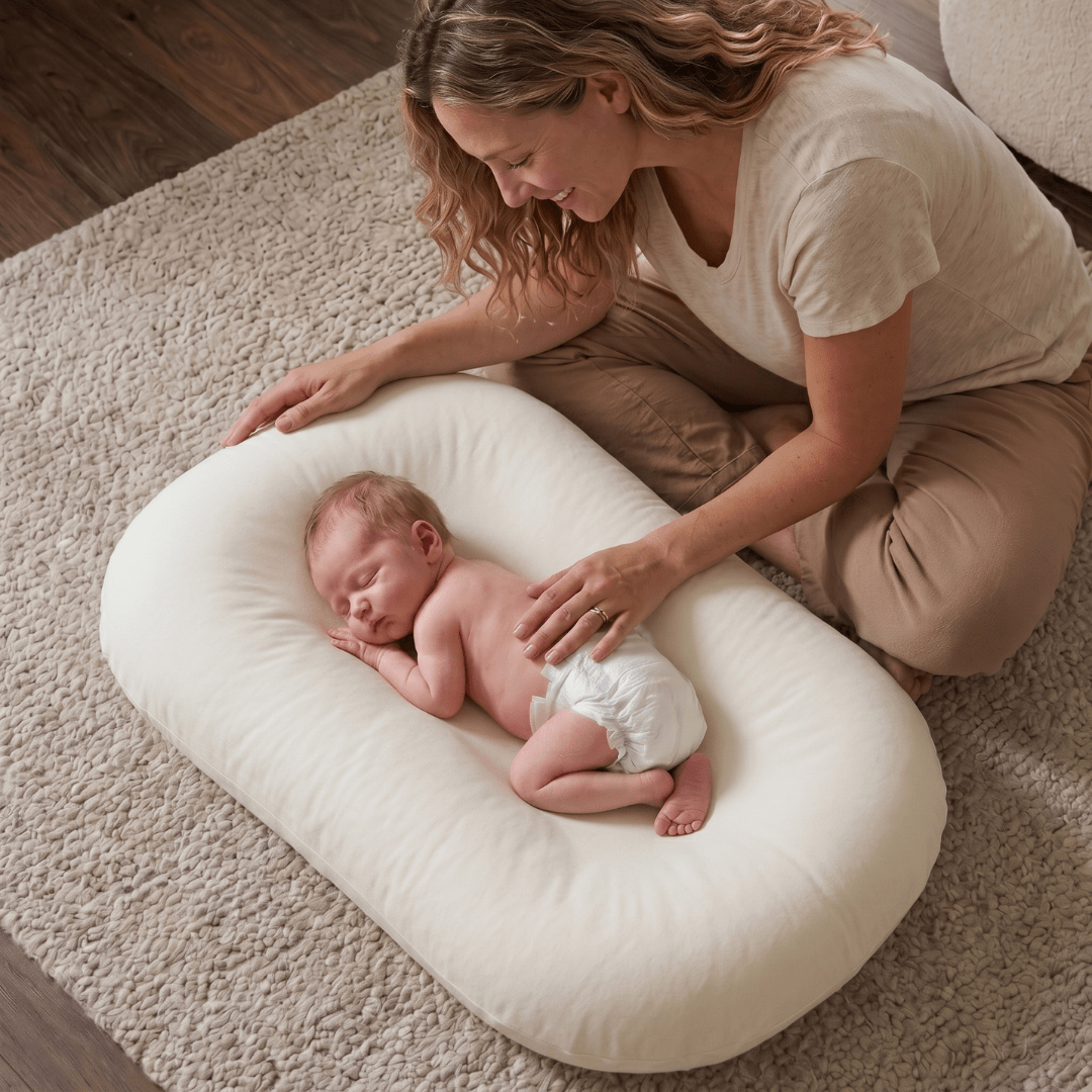 Pastel Baby Lounger Nest featuring breathable materials and raised edges for enhanced comfort and safety. 0
